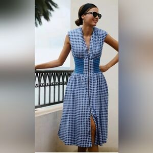 Anthropologie Blue Gingham Smocked-Waist Midi Dress